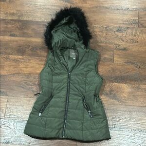 Green Hooded Puffer Vest with Black Fur Trim with cinch waist